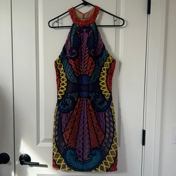 JOVANI sz 8 Vibrant Lace Geometric Overlay Illusion Mini Halter neck Dress - Picture 6 of 7